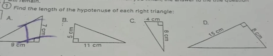 1 find the length of the hypotenuse of each right triangle: a. 9 cm 7 c…