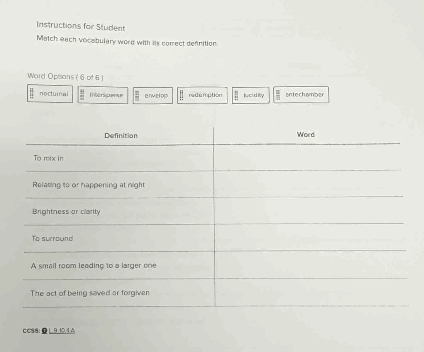 instructions for student match each vocabulary word with its correct de…
