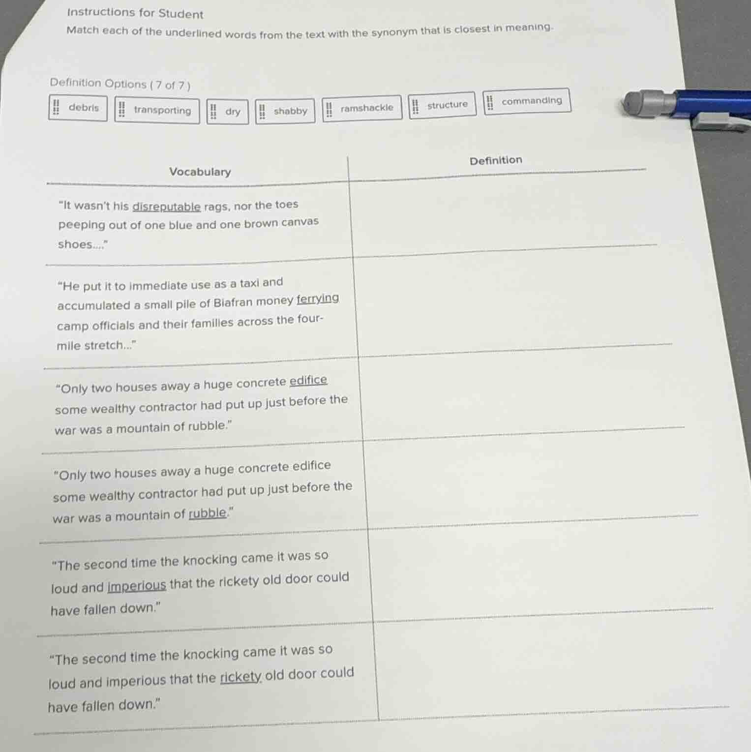 instructions for student match each of the underlined words from the te…