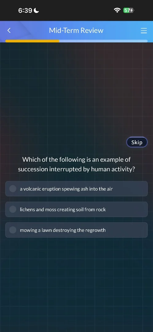 which of the following is an example of succession interrupted by human…