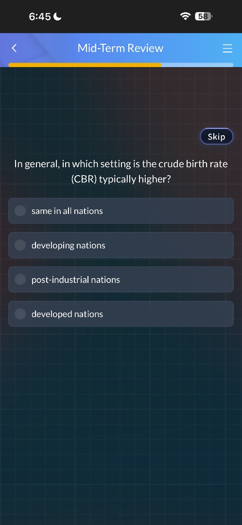 in general, in which setting is the crude birth rate (cbr) typically hi…