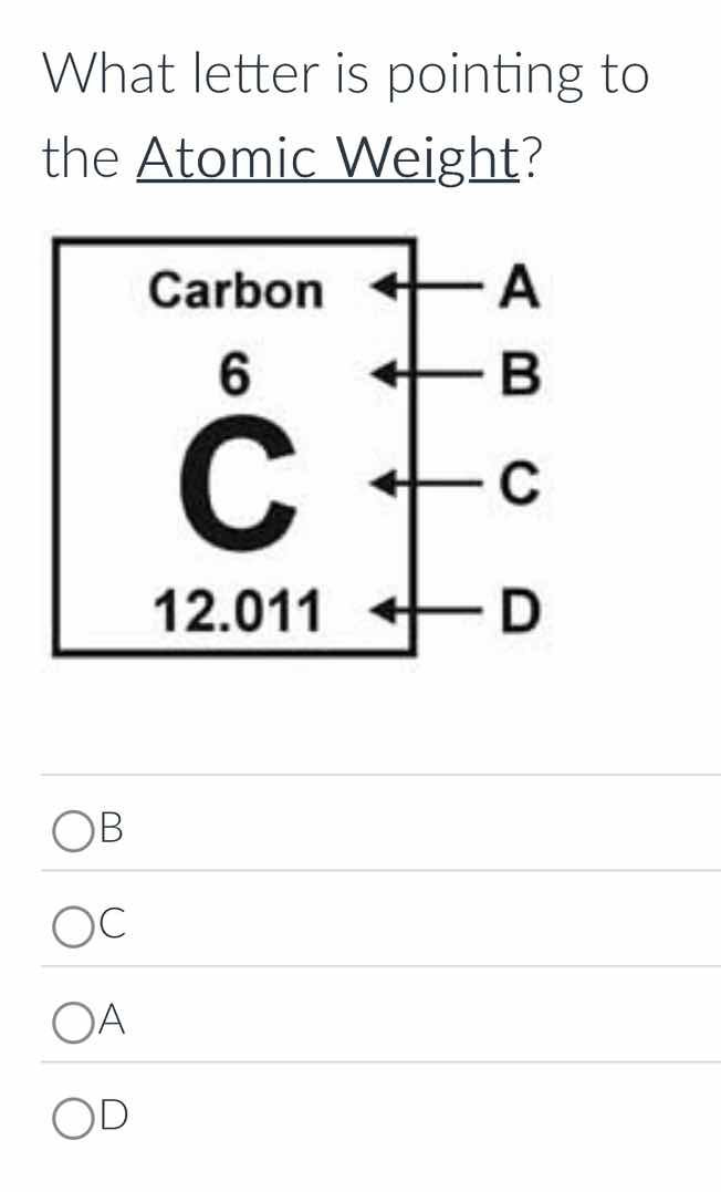 what letter is pointing to the atomic weight? carbon 6 c 12.011 a b c d…