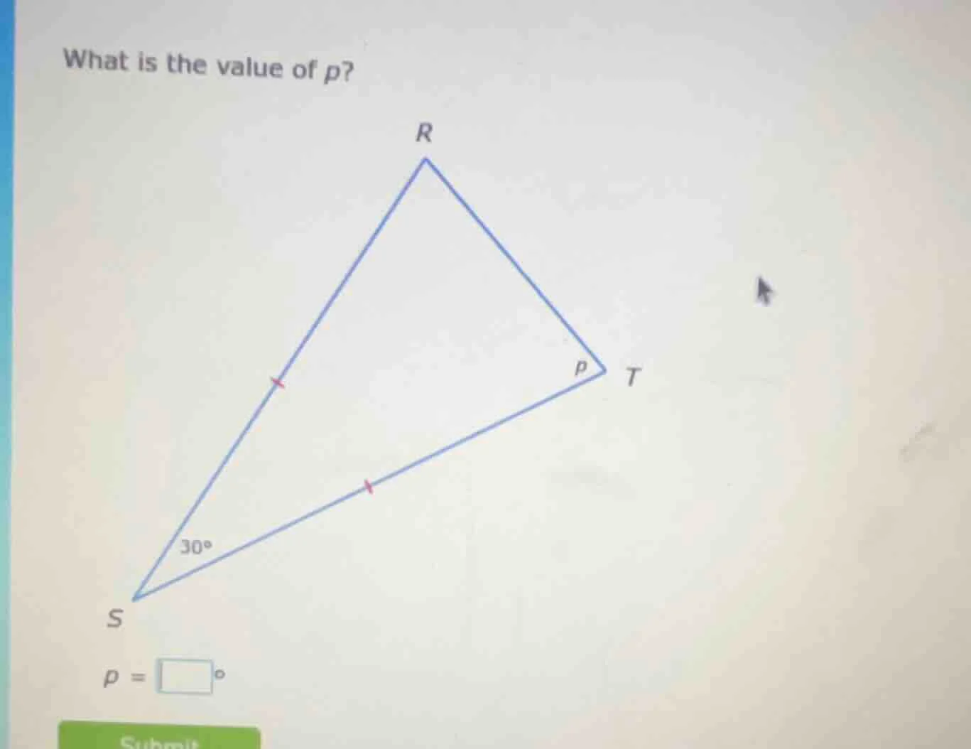 what is the value of p? triangle rst with s at the bottom left, r at th…