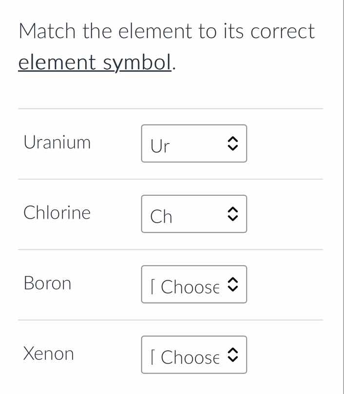 match the element to its correct element symbol. uranium ur chlorine ch…