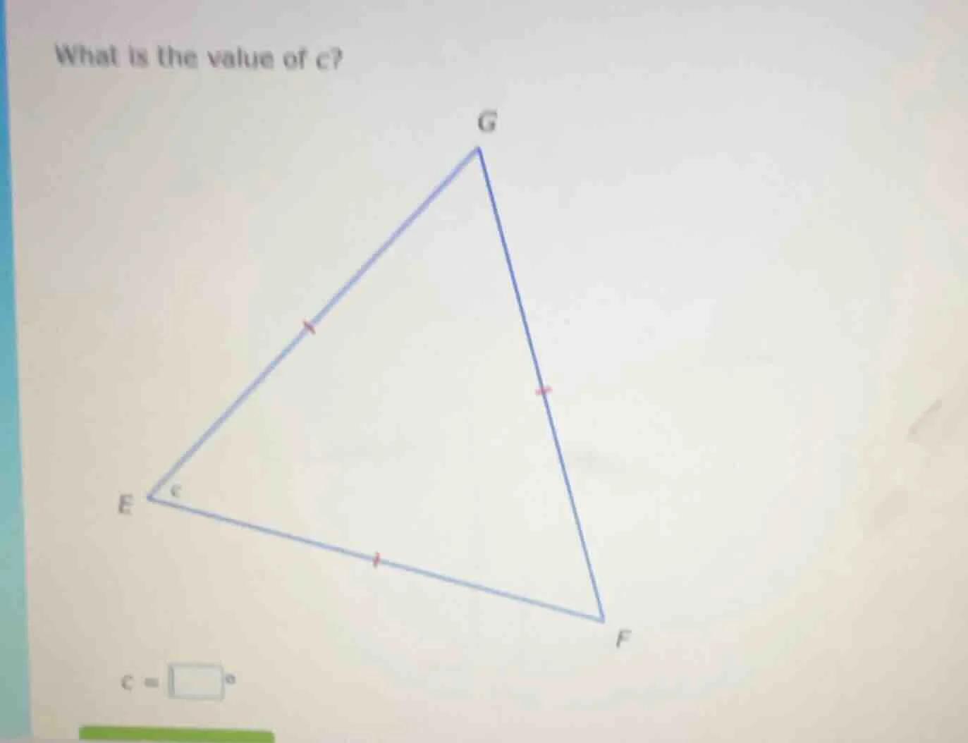 what is the value of c? (triangle egf with all sides marked equal, angl…