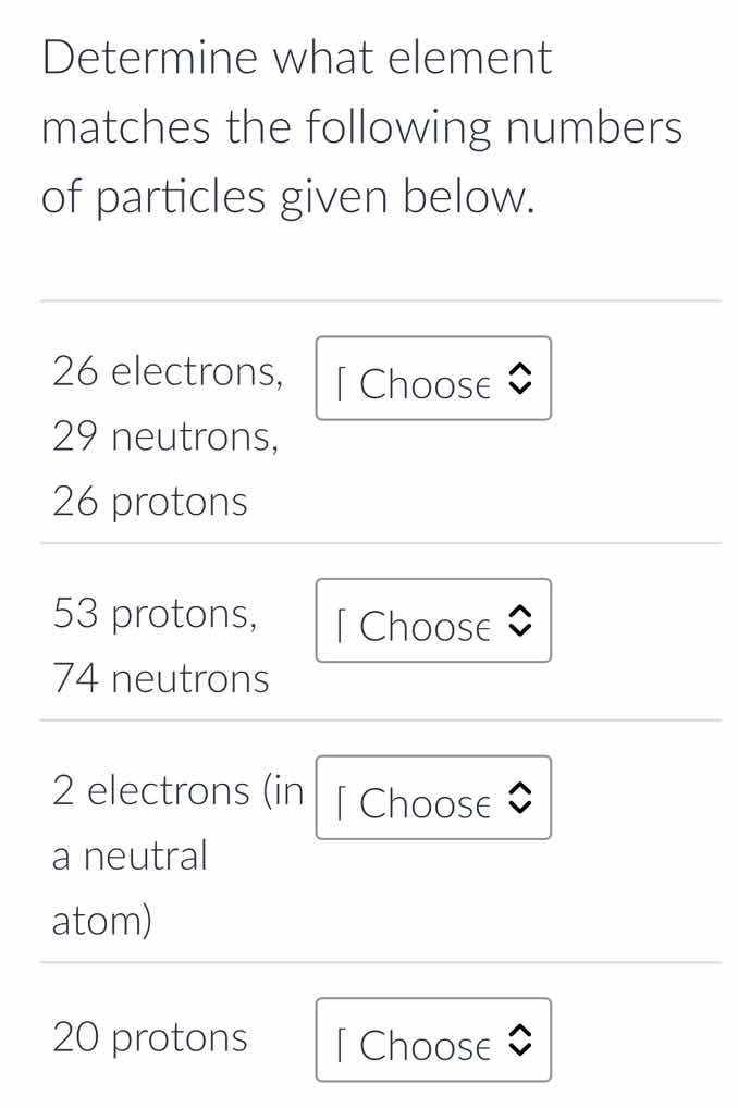 determine what element matches the following numbers of particles given…