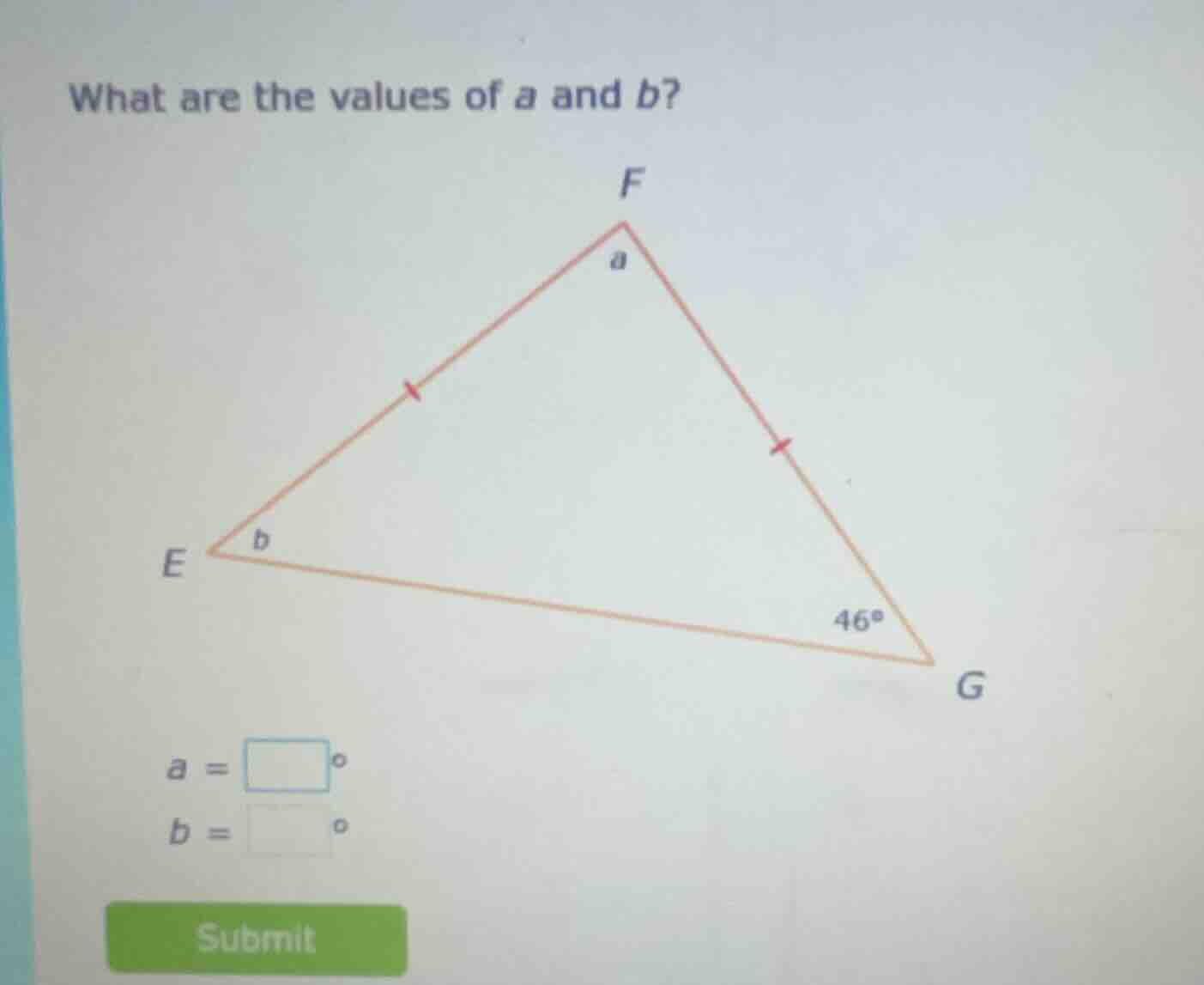 what are the values of a and b? (there is a triangle efg with f at the …