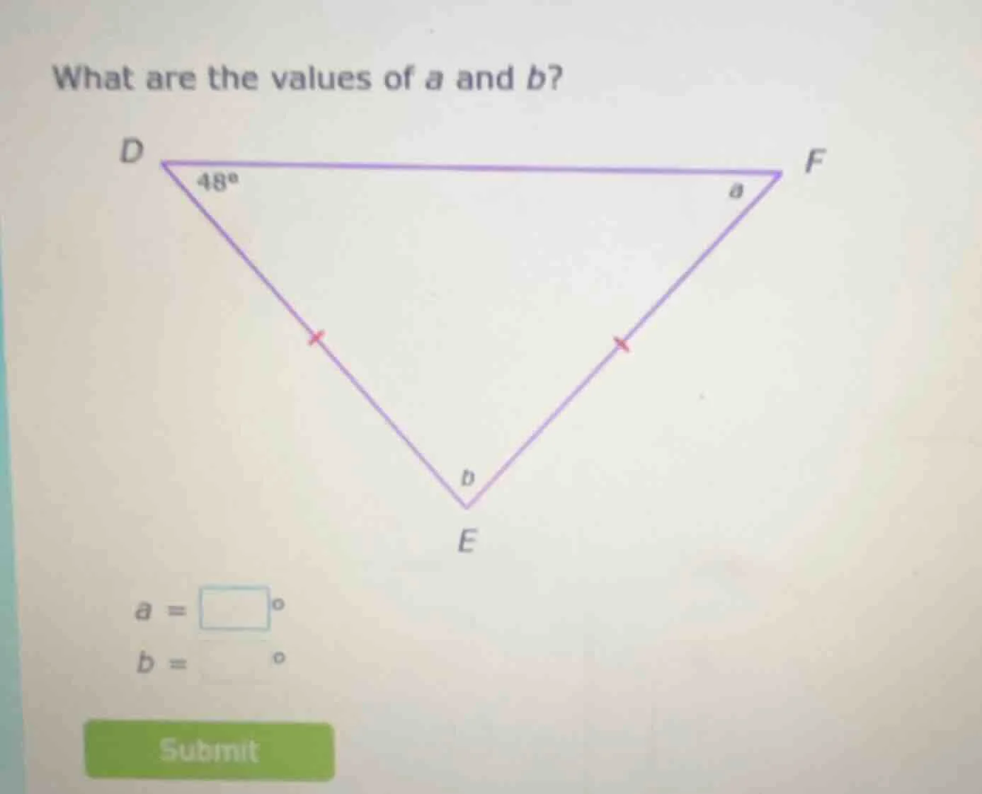 what are the values of a and b? (image of triangle def with angle at d …