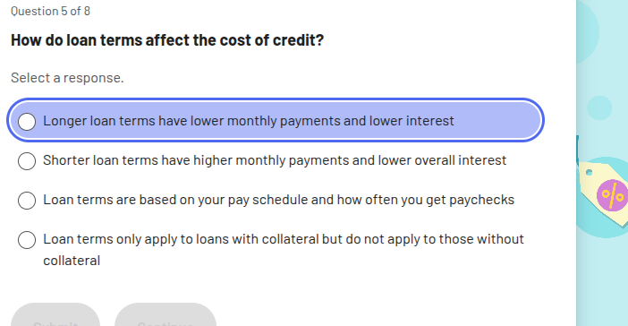 question 5 of 8 how do loan terms affect the cost of credit? select a r…