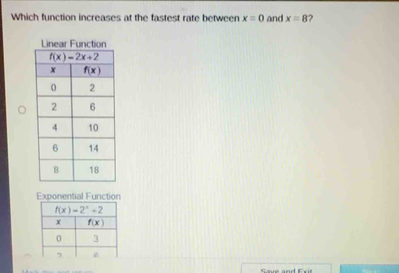 which function increases at the fastest rate between x = 0 and x = 8? l…