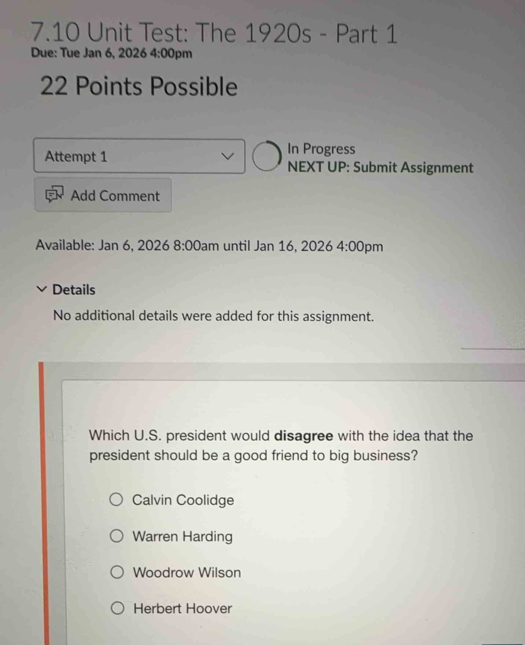 7.10 unit test: the 1920s - part 1 due: tue jan 6, 2026 4:00pm 22 point…