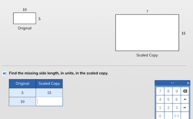 find the missing side length, in units, in the scaled copy. original | …