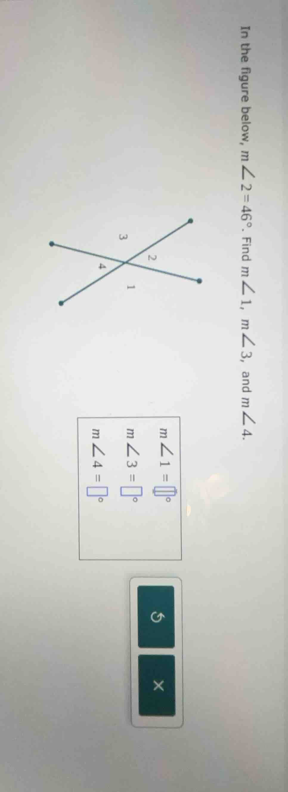 in the figure below, m∠2 = 46°. find m∠1, m∠3, and m∠4. m∠1 = \\(\\squa…