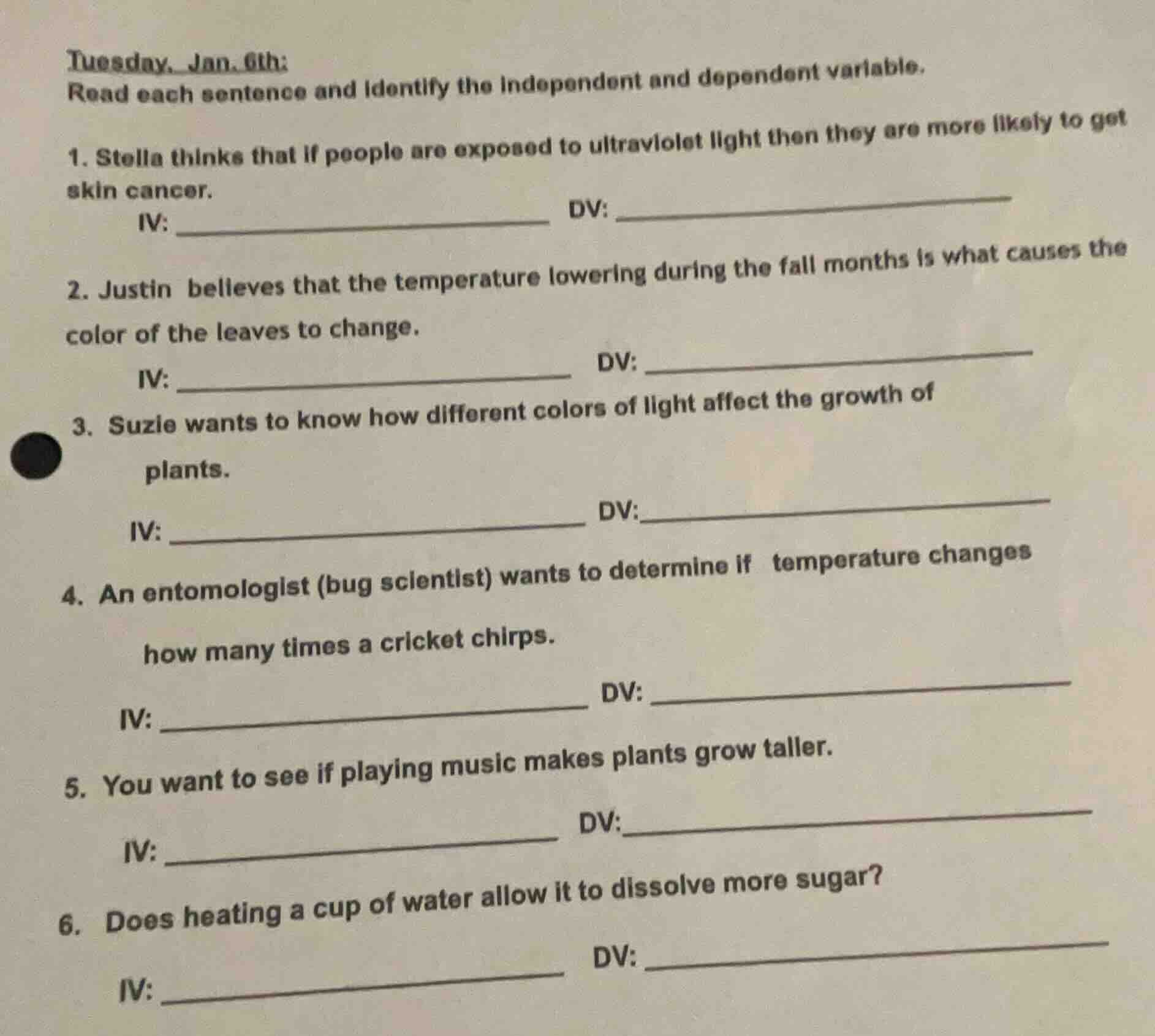 tuesday, jan. 6th: read each sentence and identify the independent and …