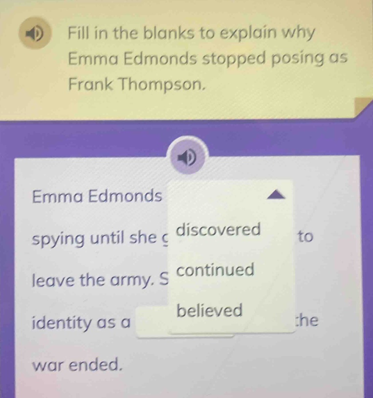 fill in the blanks to explain why emma edmonds stopped posing as frank …