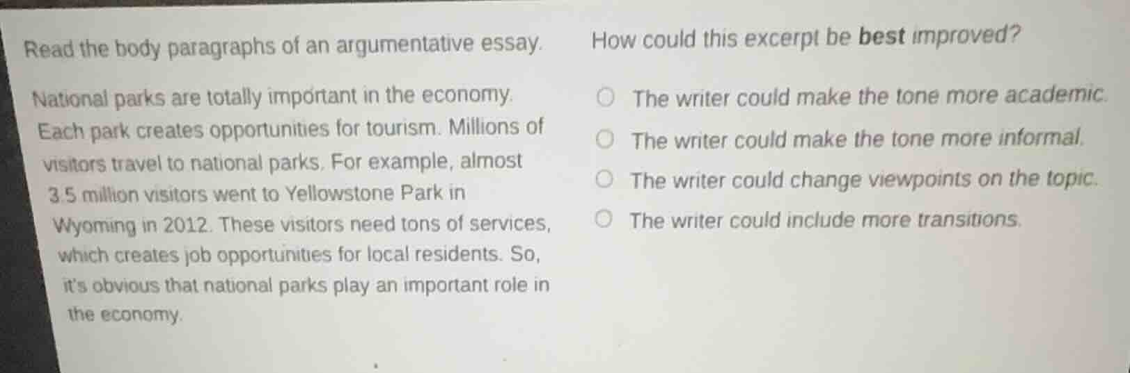 read the body paragraphs of an argumentative essay. national parks are …