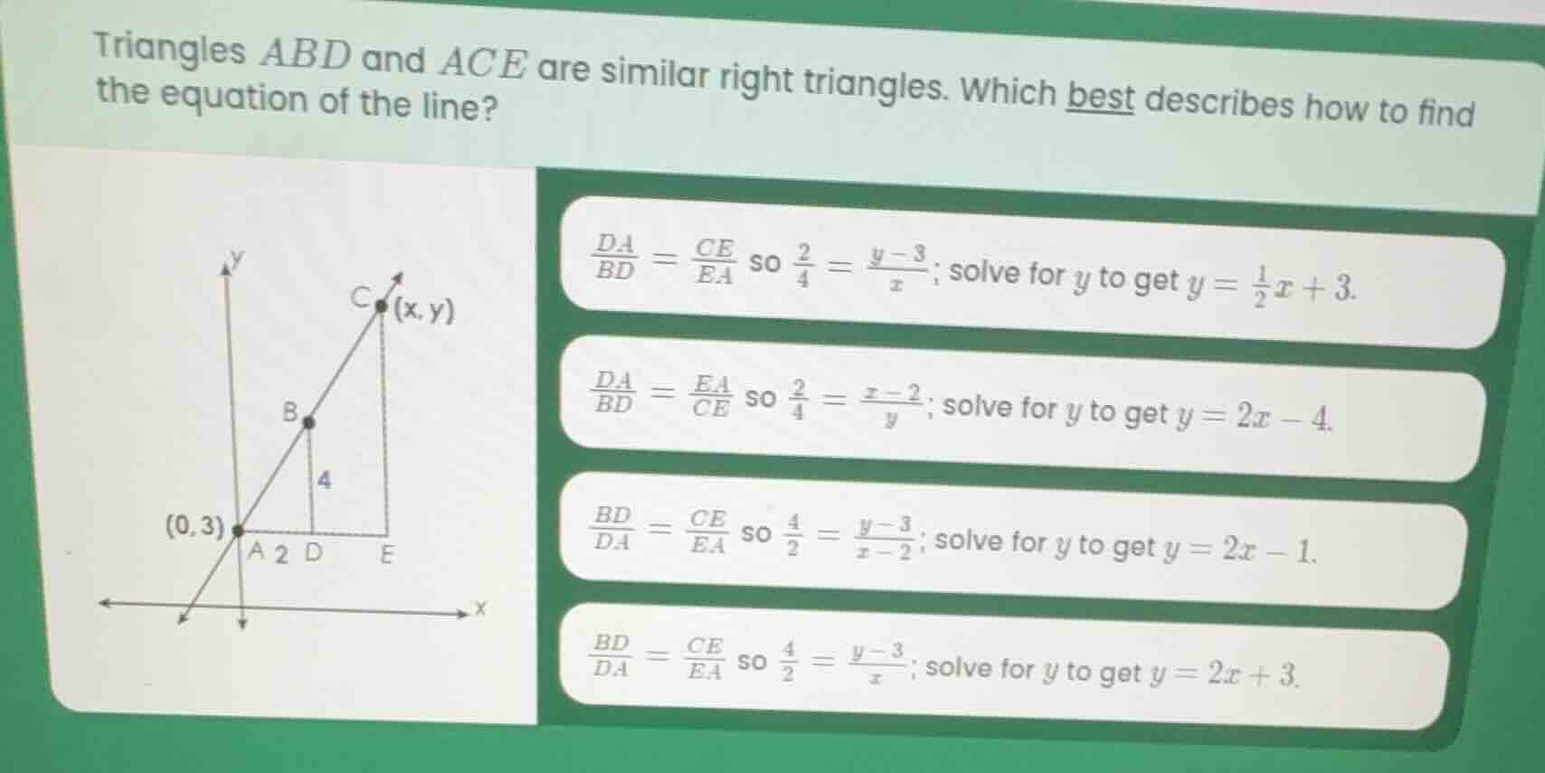 triangles abd and ace are similar right triangles. which best describes…
