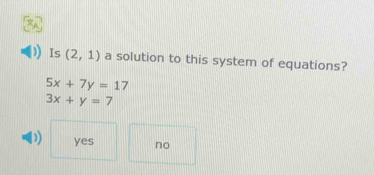 is (2, 1) a solution to this system of equations? 5x + 7y = 17 3x + y =…
