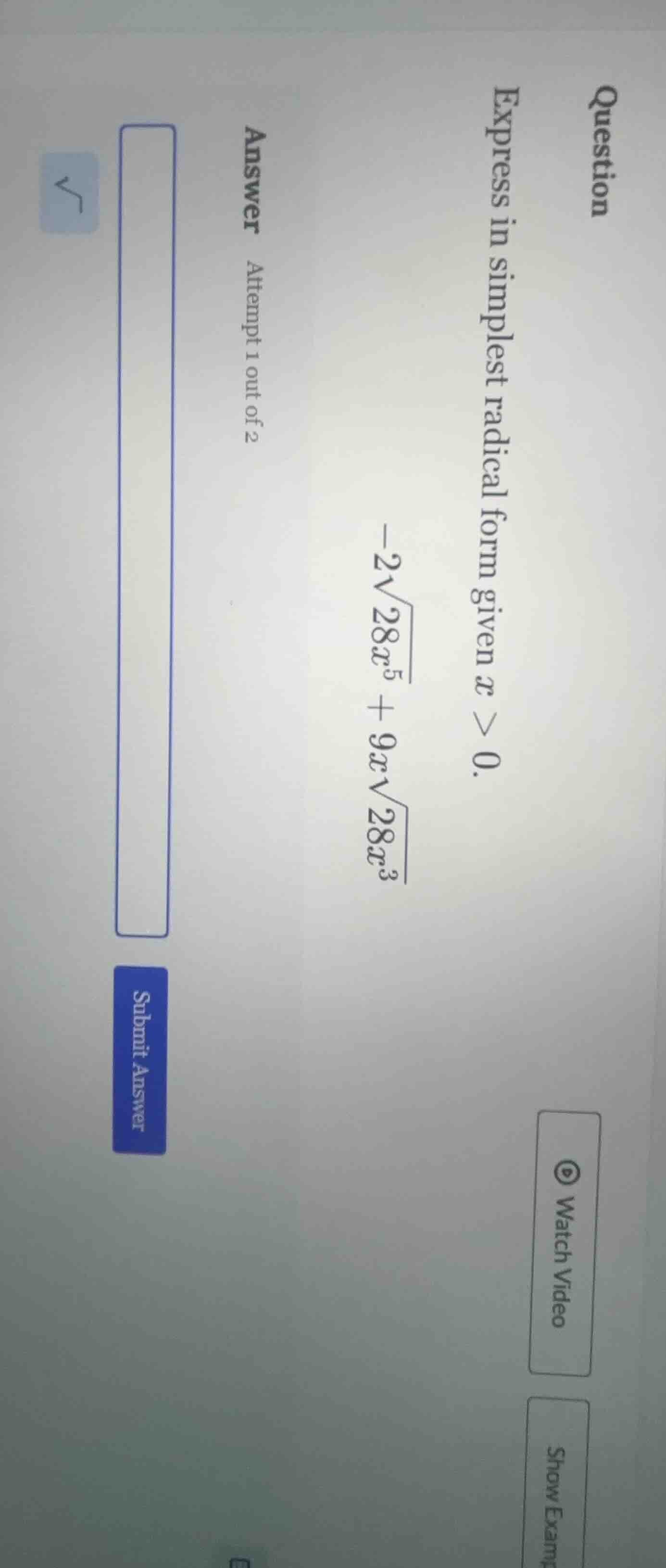 question express in simplest radical form given ( x > 0 ). ( -2sqrt{28x…