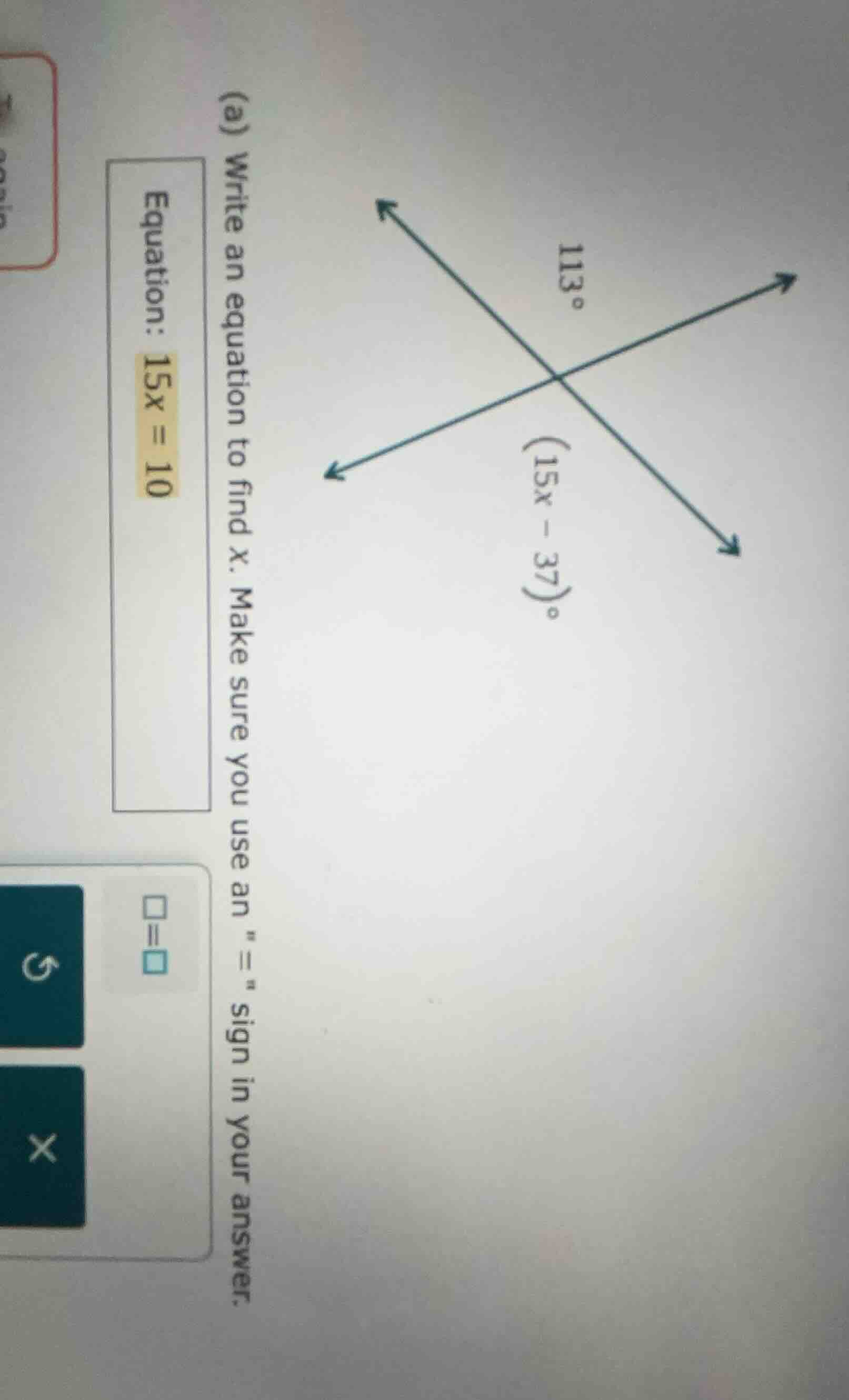 (a) write an equation to find x. make sure you use an \=\ sign in your …