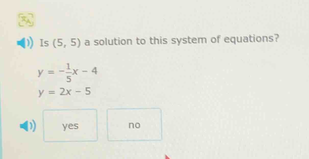 is (5, 5) a solution to this system of equations? $y = -\frac{1}{5}x - …