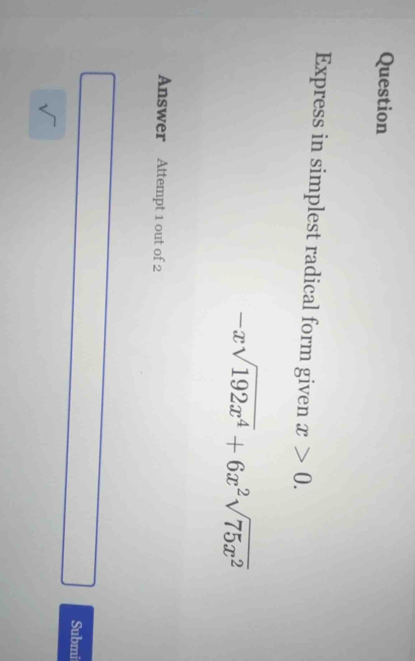 question express in simplest radical form given ( x > 0 ). ( -xsqrt{192…