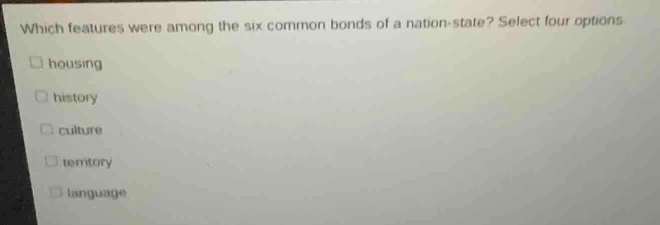 which features were among the six common bonds of a nation - state? sel…
