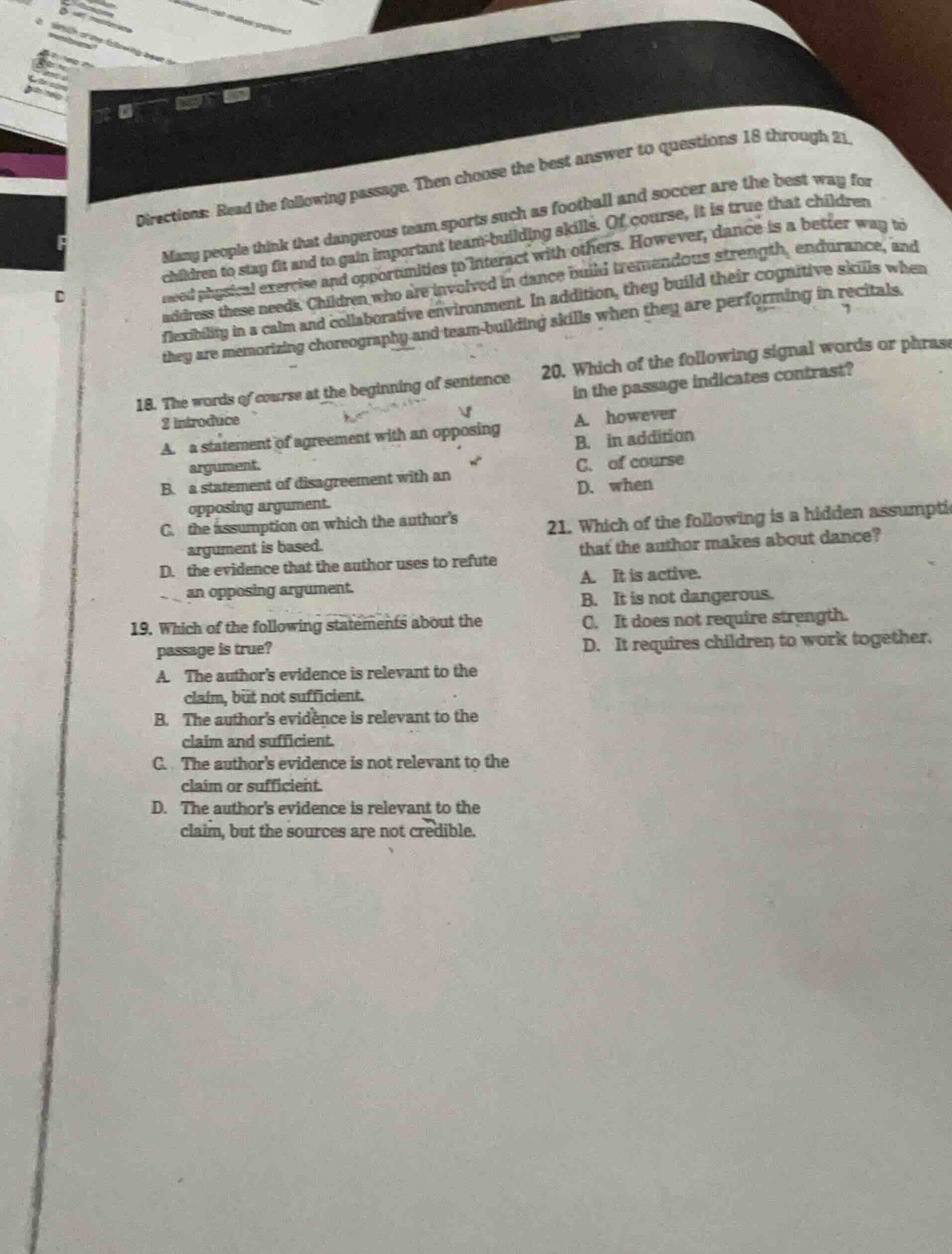 directions: read the following passage. then choose the best answer to …