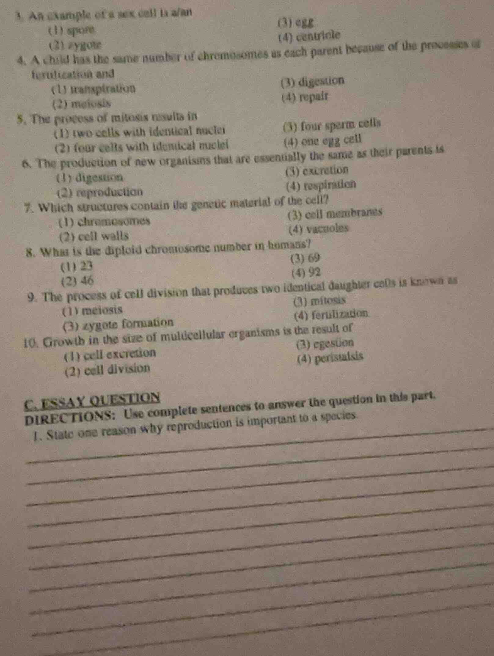 3. an example of a sex cell is a/an (1) spore (2) zygote (3) egg (4) ce…