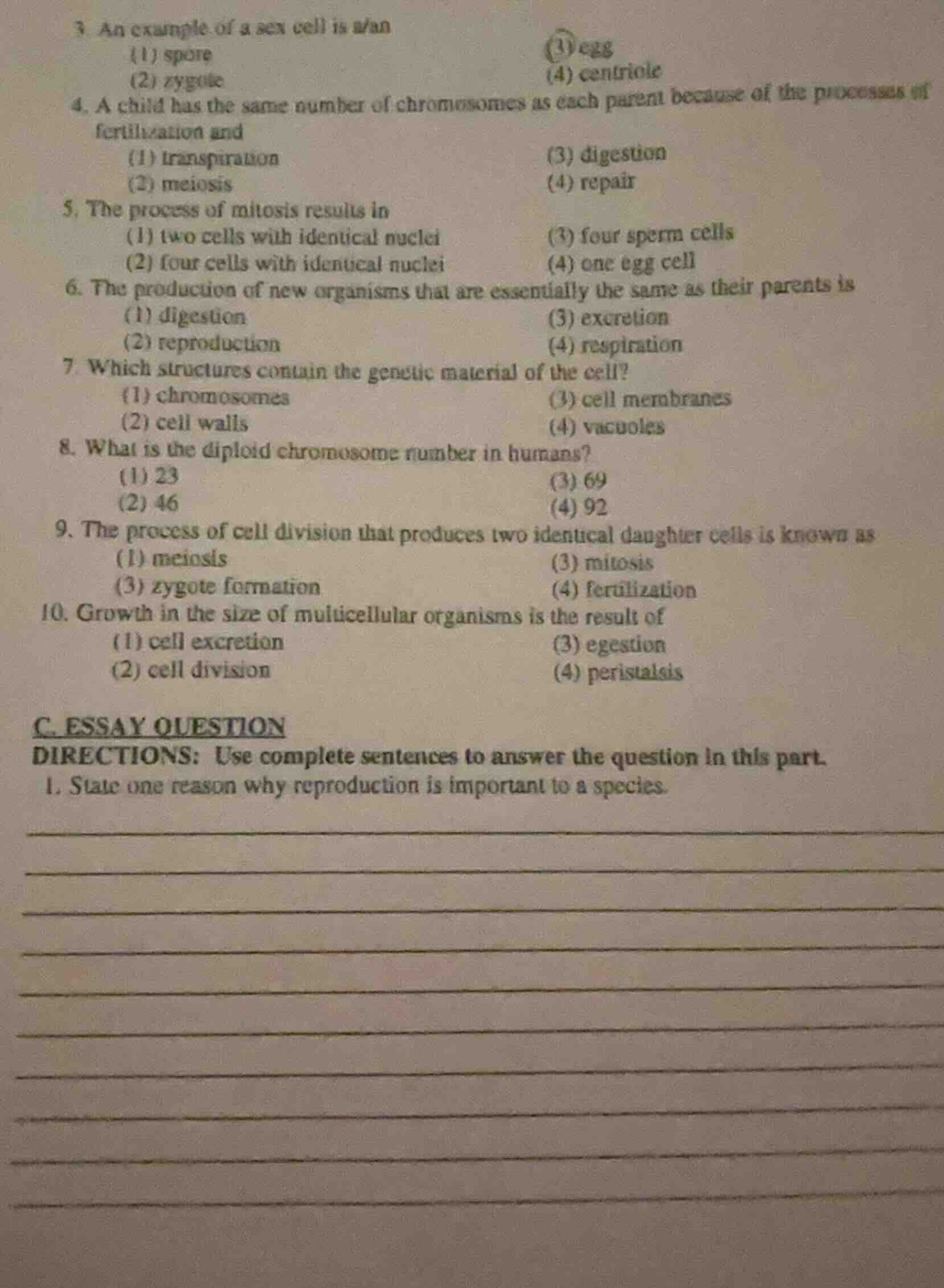3. an example of a sex cell is a/an (1) spore (2) zygote (3) egg (4) ce…