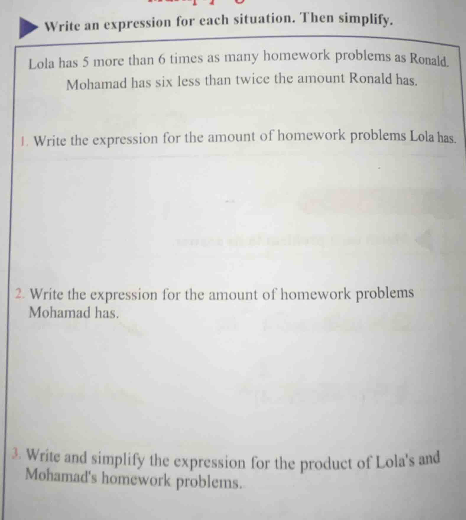 write an expression for each situation. then simplify. lola has 5 more …