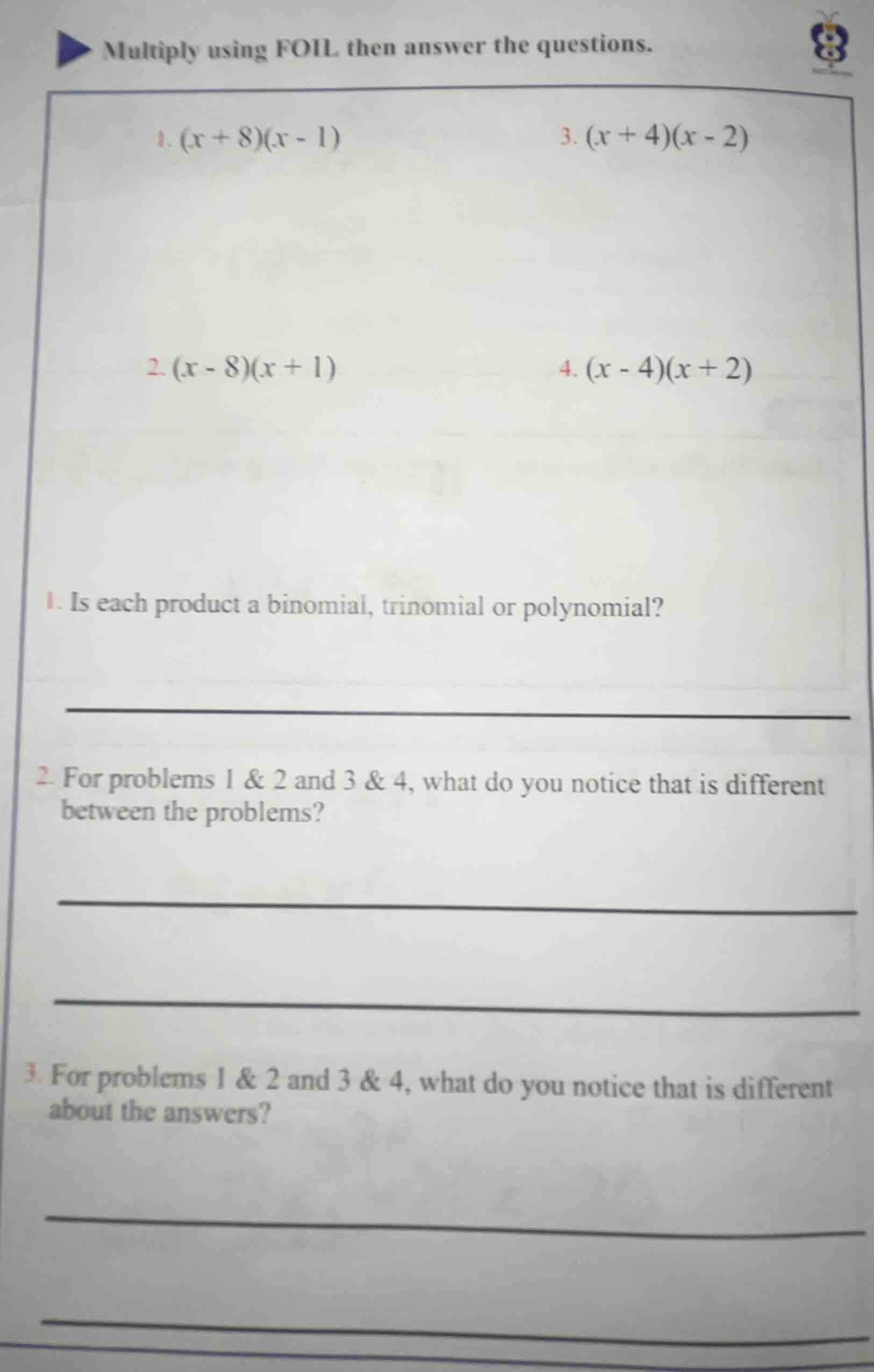 multiply using foil then answer the questions. 1. $(x + 8)(x - 1)$ 3. $…