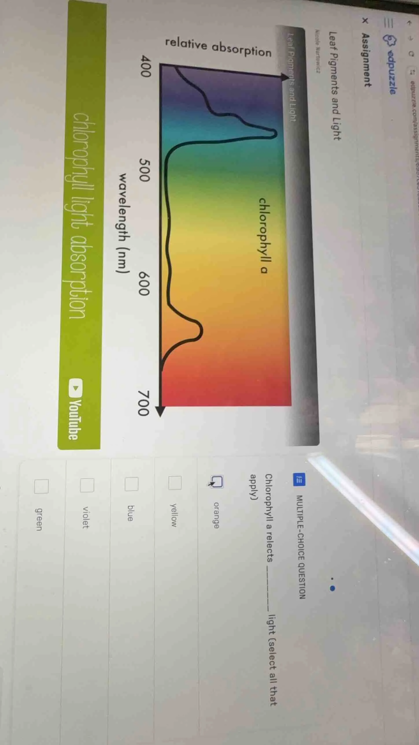 multiple-choice question chlorophyll a reflects ______ light (select al…