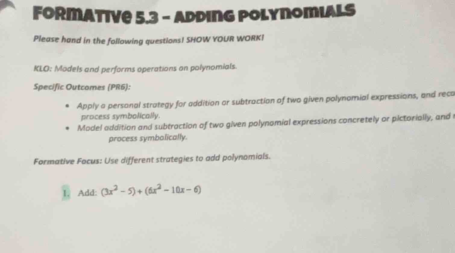 formative 5.3 - adding polynomials please hand in the following questio…