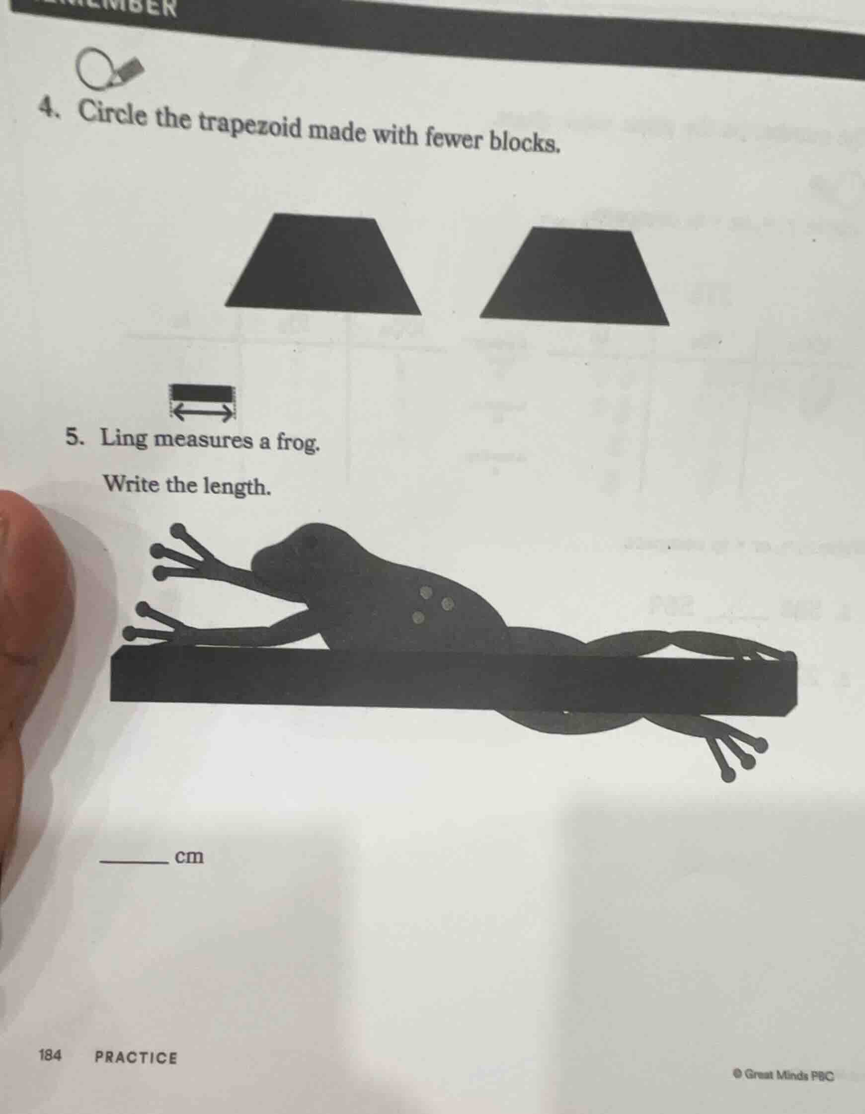 4. circle the trapezoid made with fewer blocks. 5. ling measures a frog…