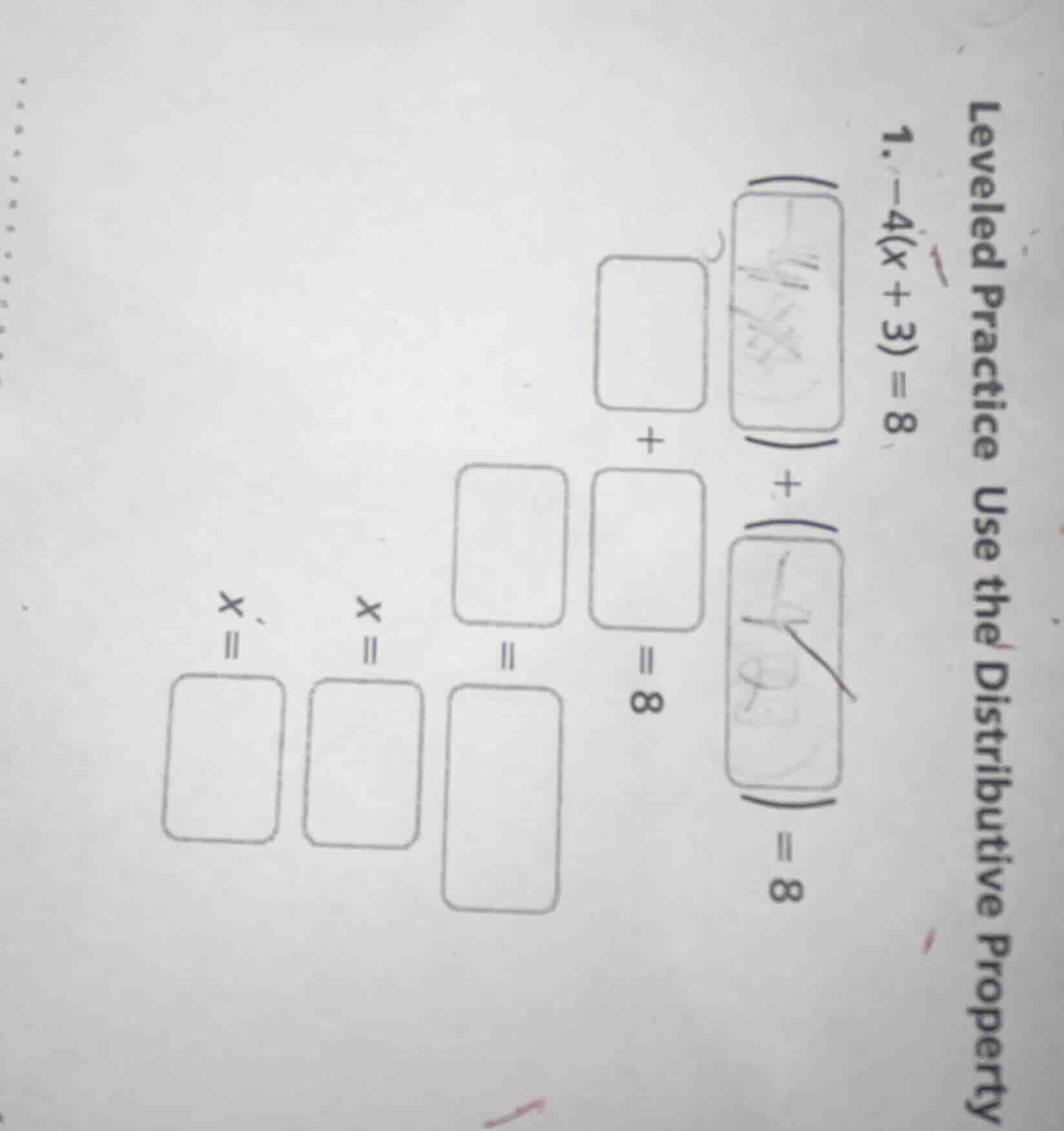 leveled practice use the distributive property 1. $-4(x + 3) = 8$