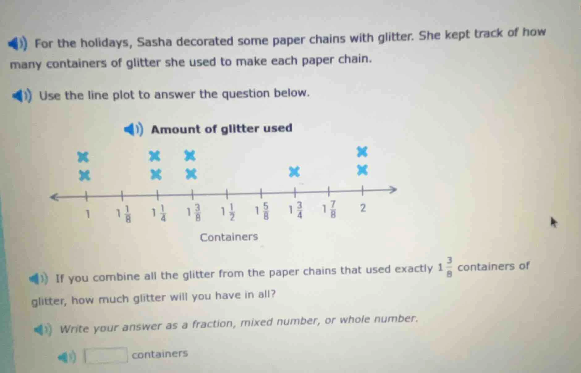 for the holidays, sasha decorated some paper chains with glitter. she k…