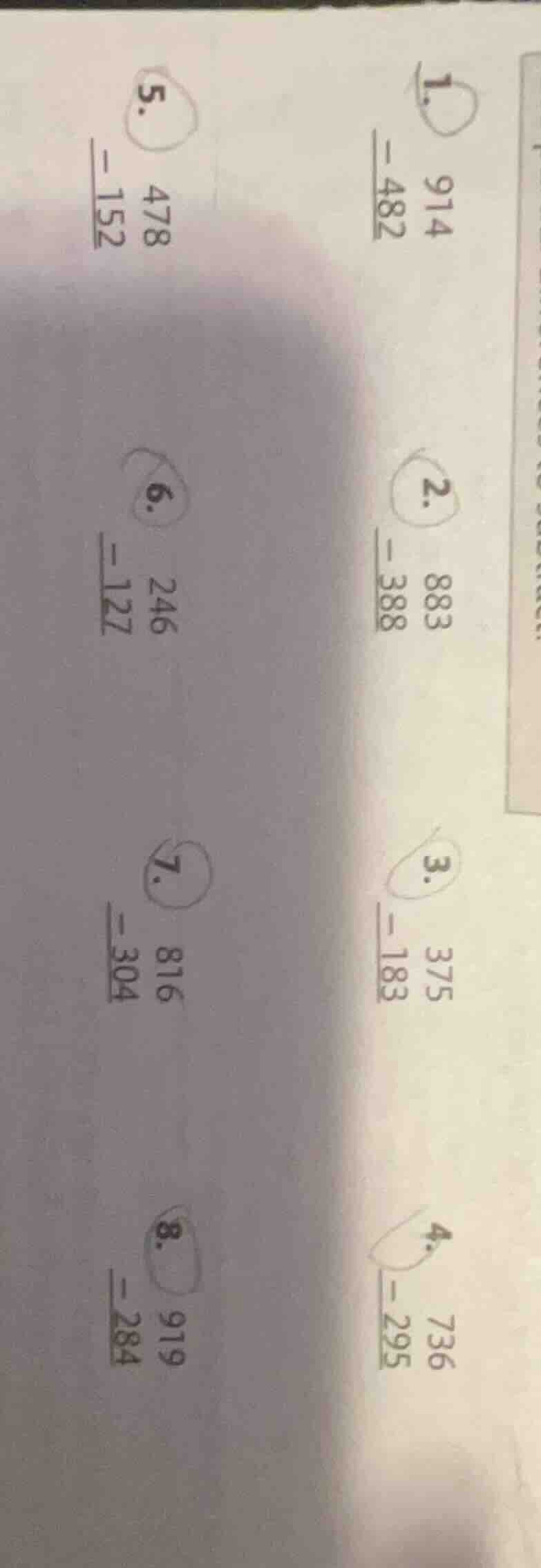 1. $\begin{array}{r}914\\ -482\\ hlineend{array}$ 2. $\begin{array}{r}8…