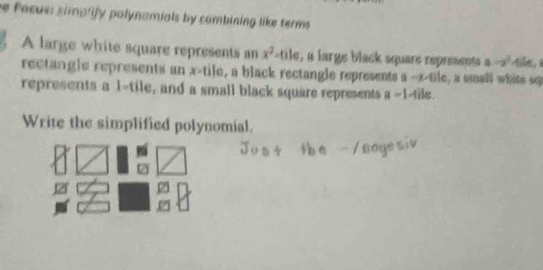 focus: simplify polynomials by combining like terms a large white squar…