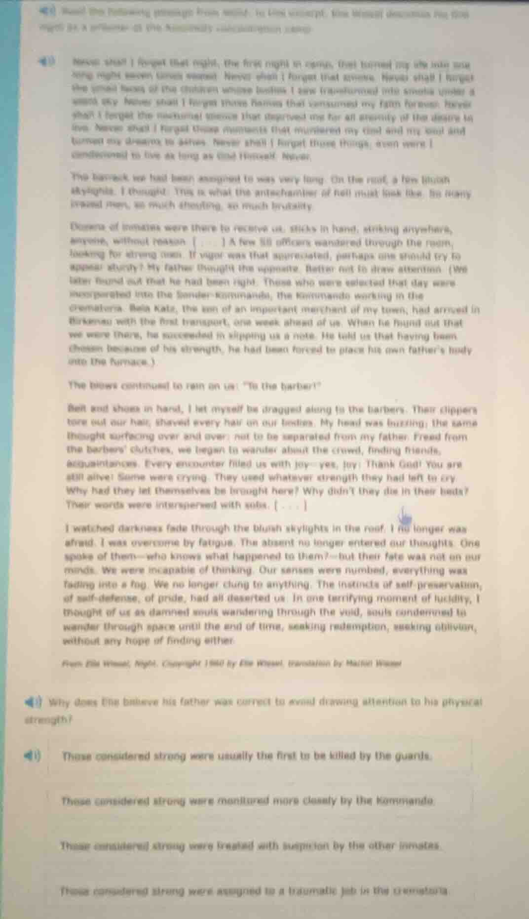 read the following passage from elie wiesel’s night. in this excerpt, t…