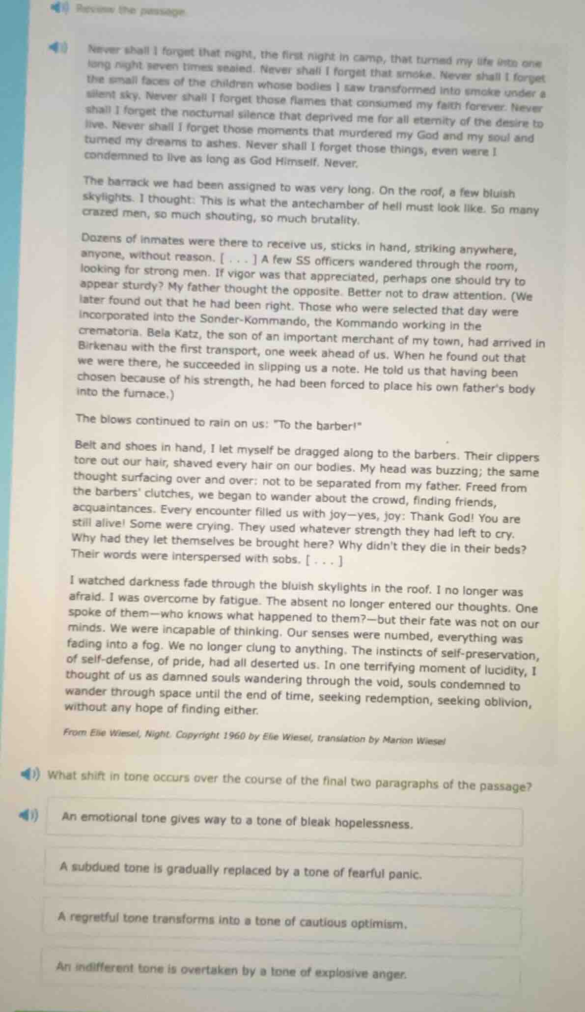 review the passage. never shall i forget that night, the first night in…