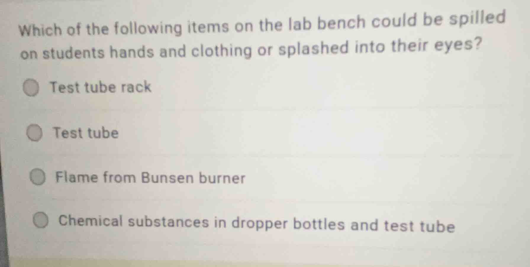 which of the following items on the lab bench could be spilled on stude…