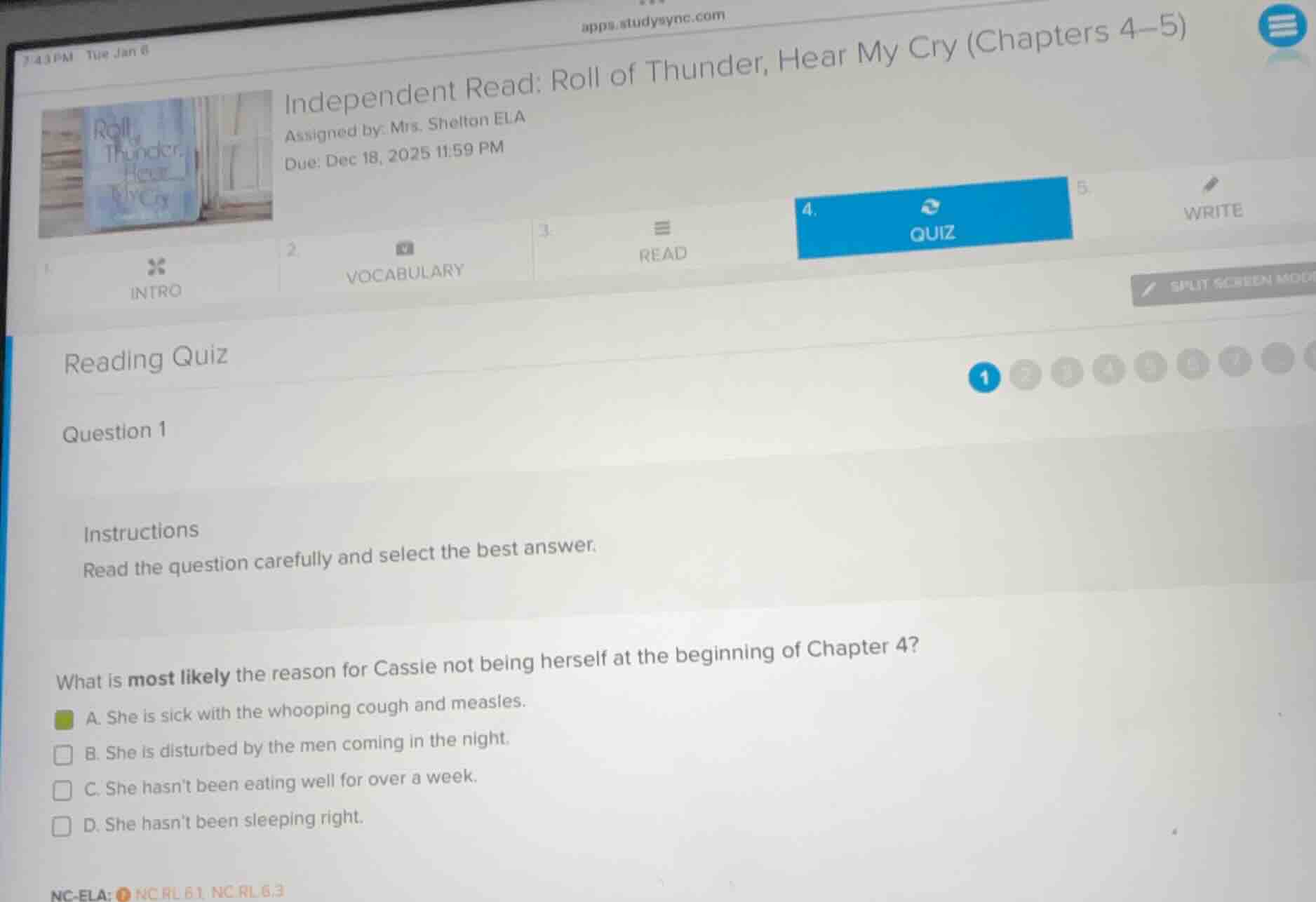 independent read: roll of thunder, hear my cry (chapters 4–5) assigned …