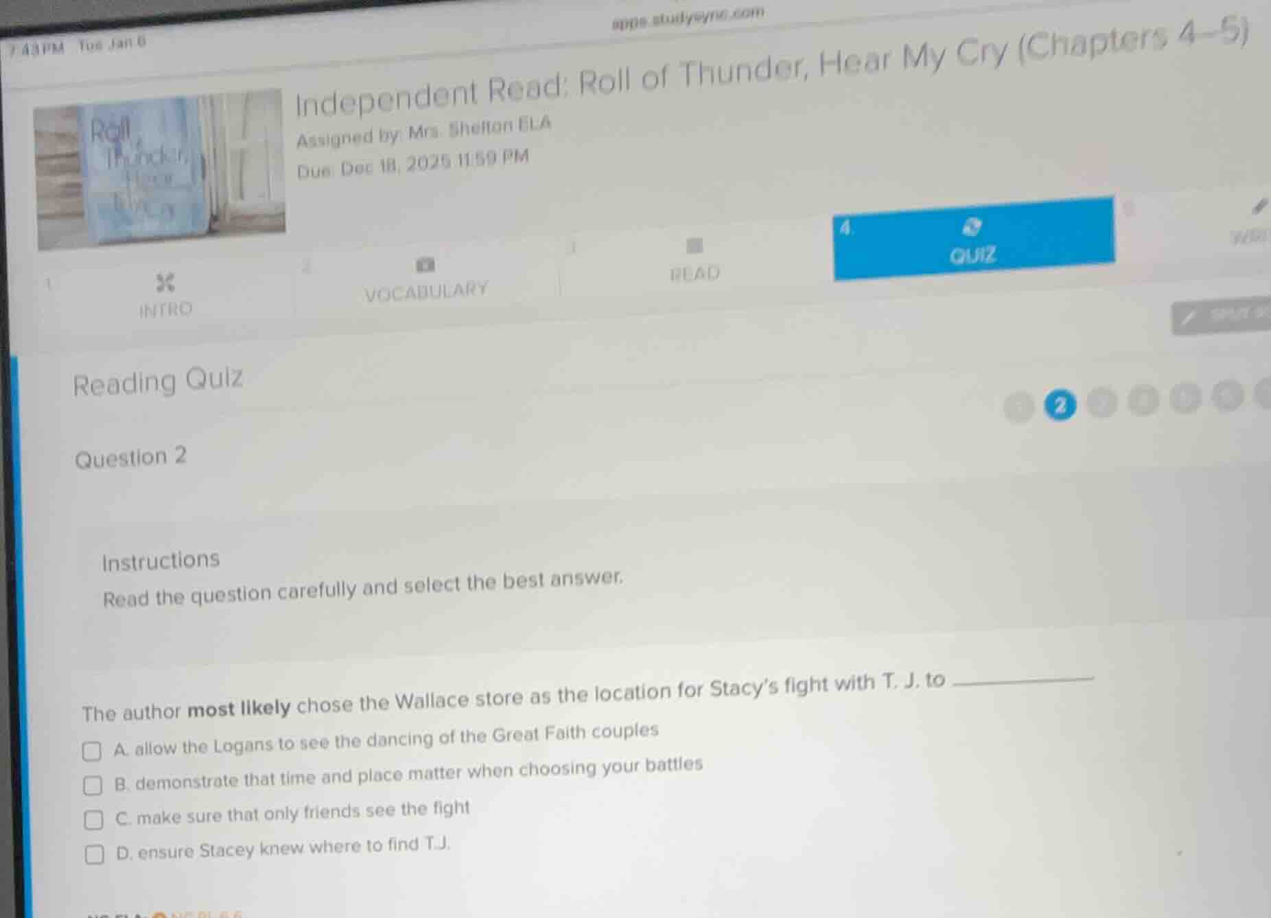 independent read: roll of thunder, hear my cry (chapters 4–5) assigned …