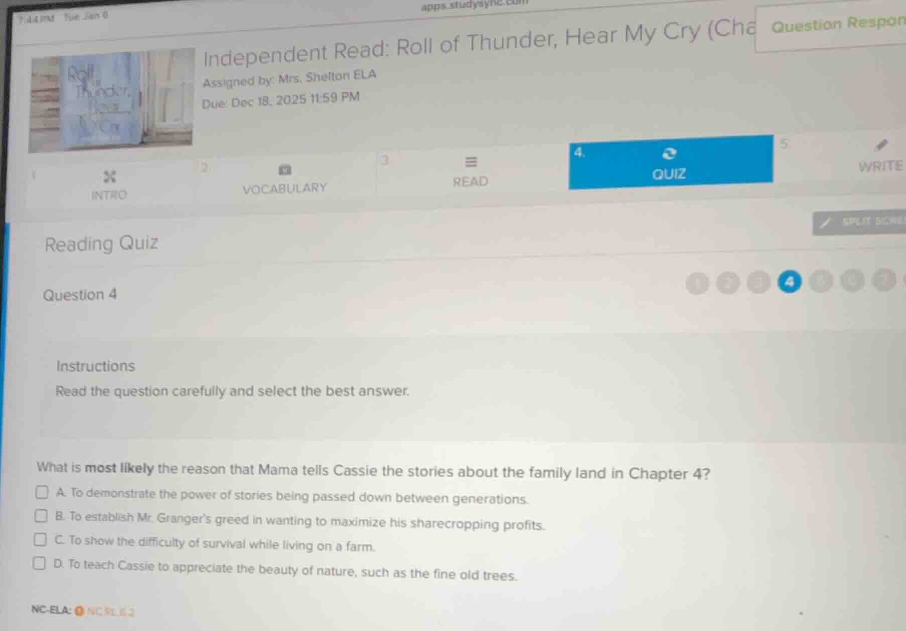 independent read: roll of thunder, hear my cry (cha assigned by: mrs. s…
