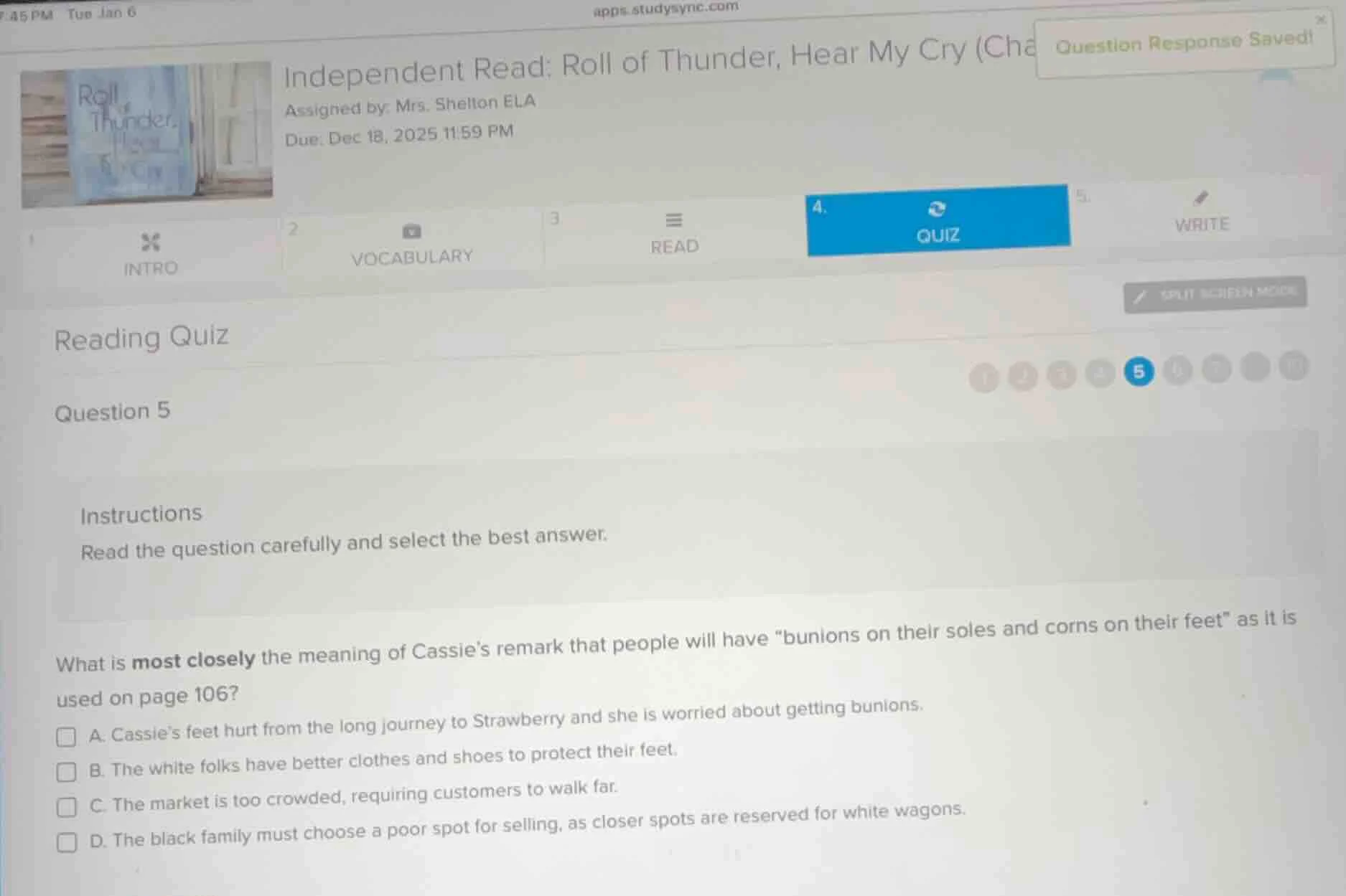 independent read: roll of thunder, hear my cry (cha assigned by: mrs. s…