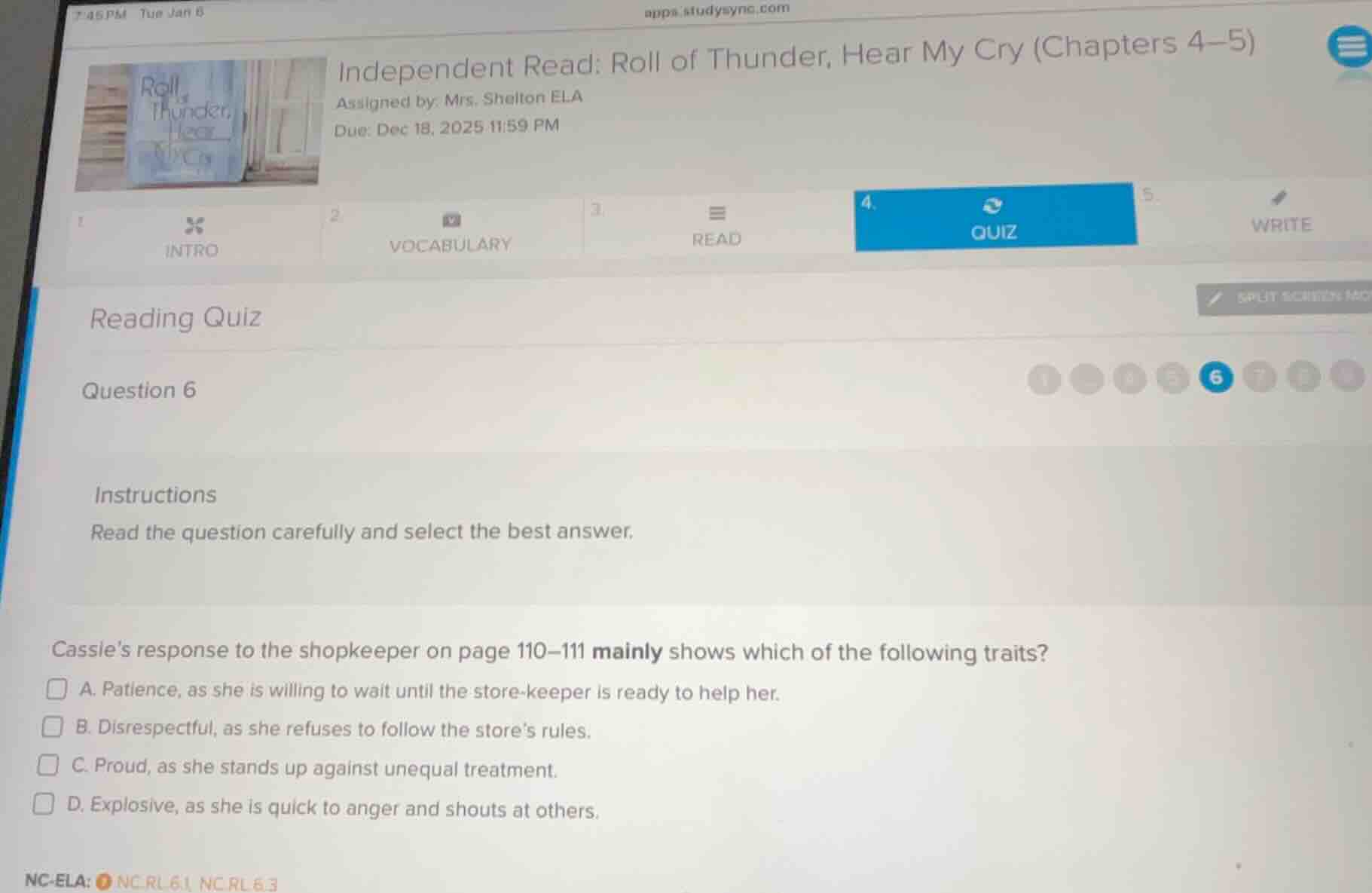 independent read: roll of thunder, hear my cry (chapters 4–5) assigned …