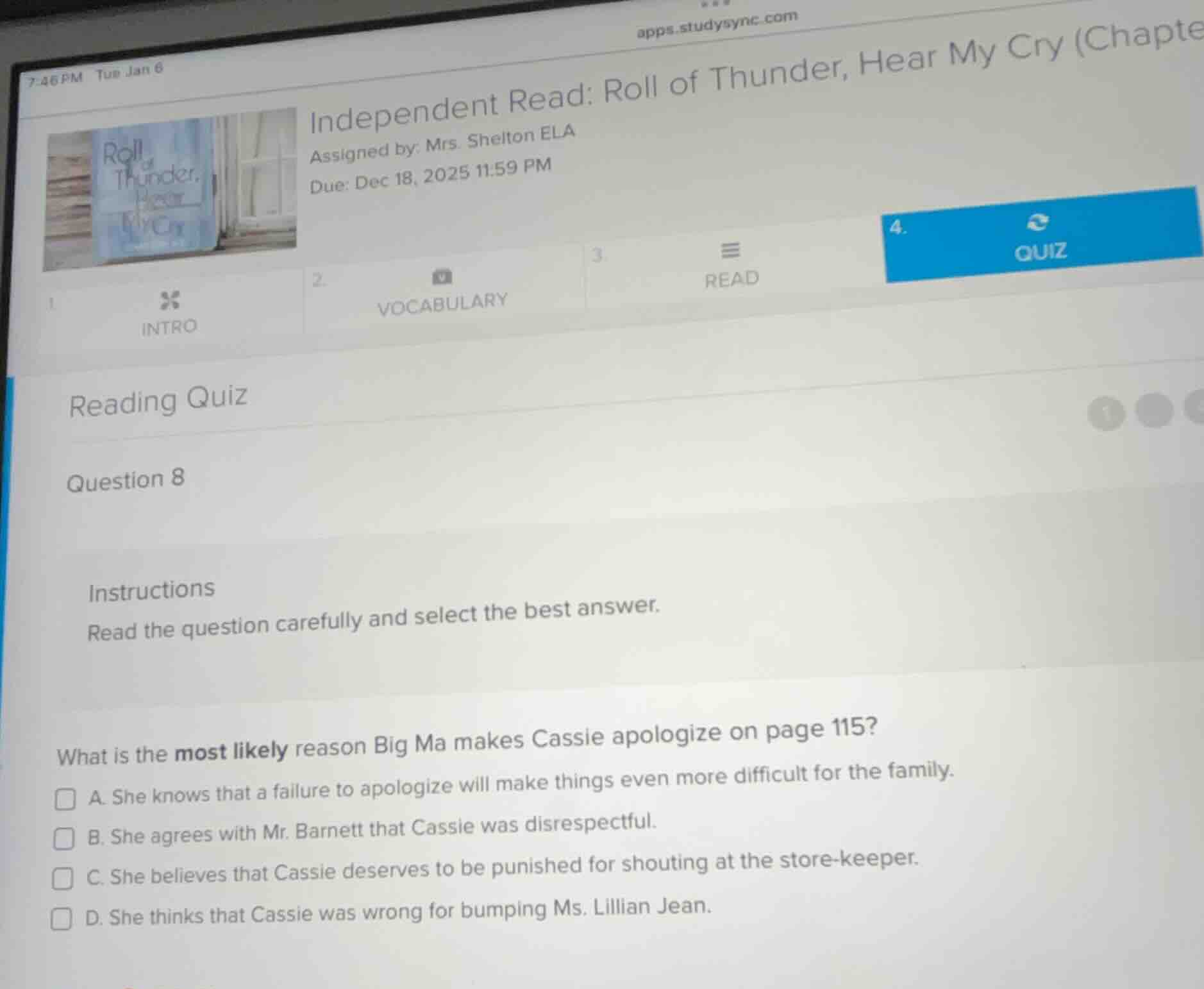 independent read: roll of thunder, hear my cry (chapte assigned by: mrs…