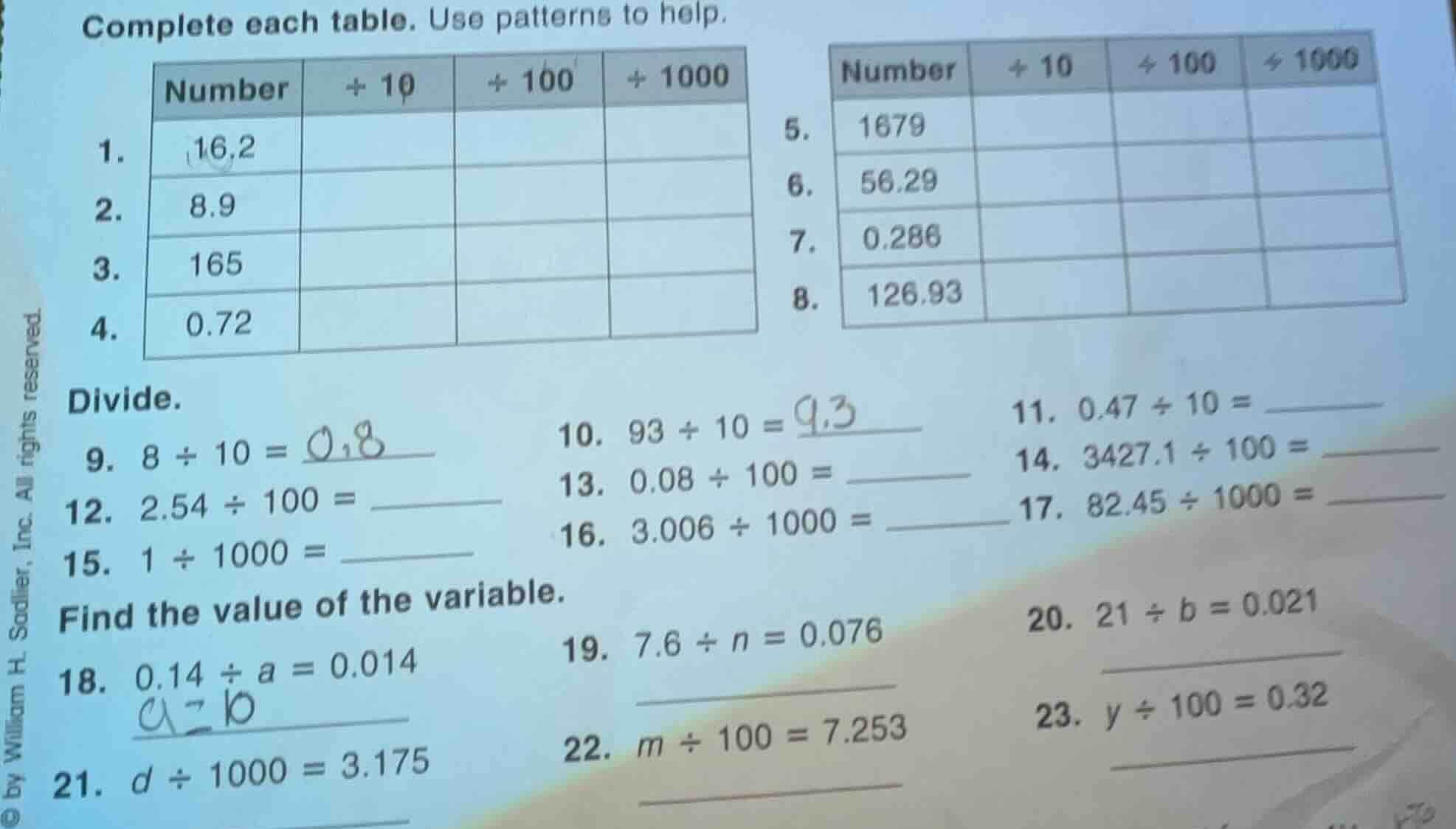 complete each table. use patterns to help. | number | ÷ 10 | ÷ 100 | ÷ …