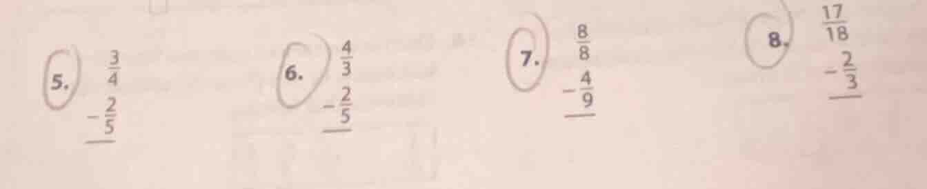 5. \\(\\begin{array}{r}\\frac{3}{4}\\\\ -\\frac{2}{5}\\\\ \\hline\\end{…